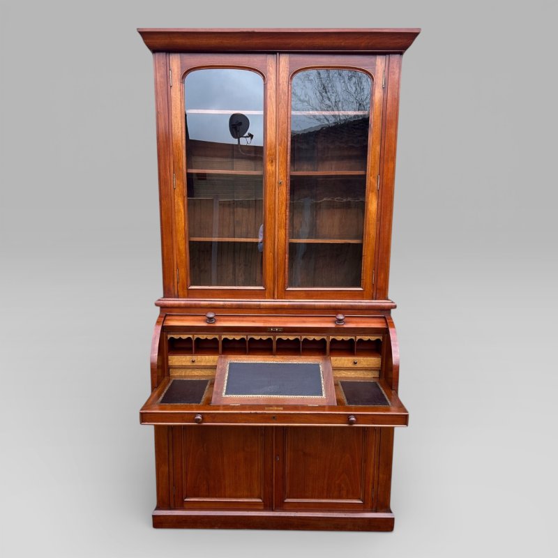 Antique Victorian Walnut Cylinder Bureau Bookcase With Writing Desk & Cupboard - Image 6